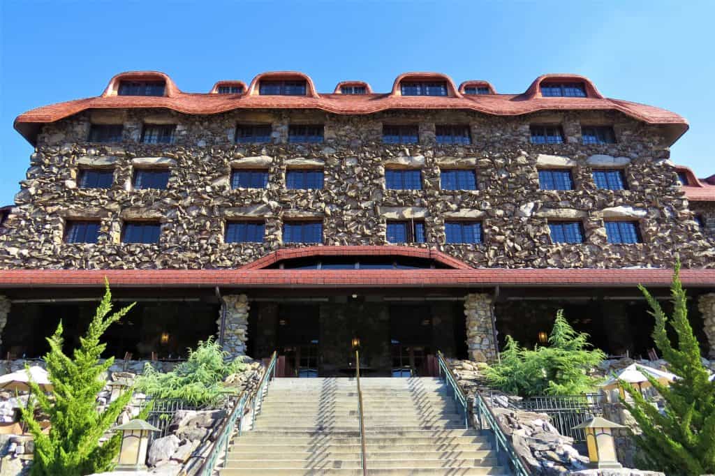 Back of the Omni Grove Park Inn with its stone exterior.