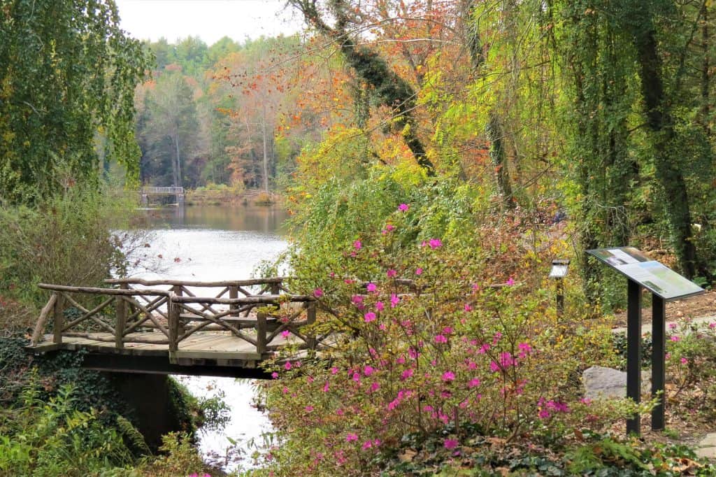 The first view of the bass pond with a small wooden bridge.