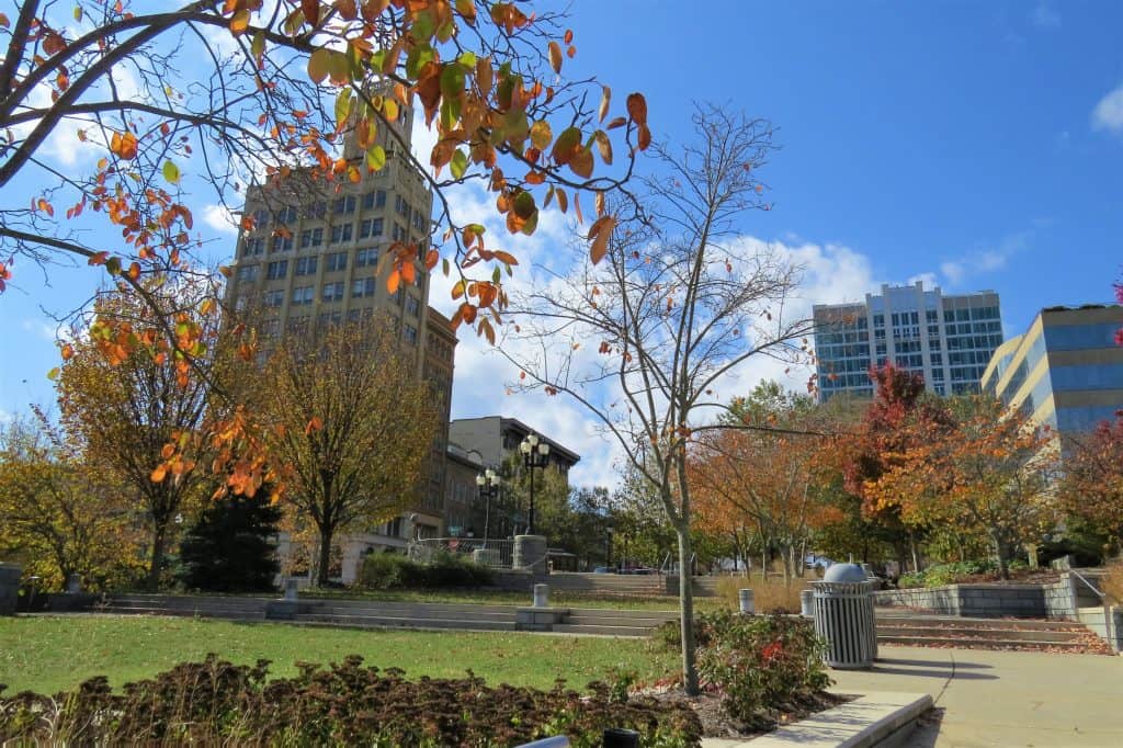 Pack Square lined by buildings with different architecture.