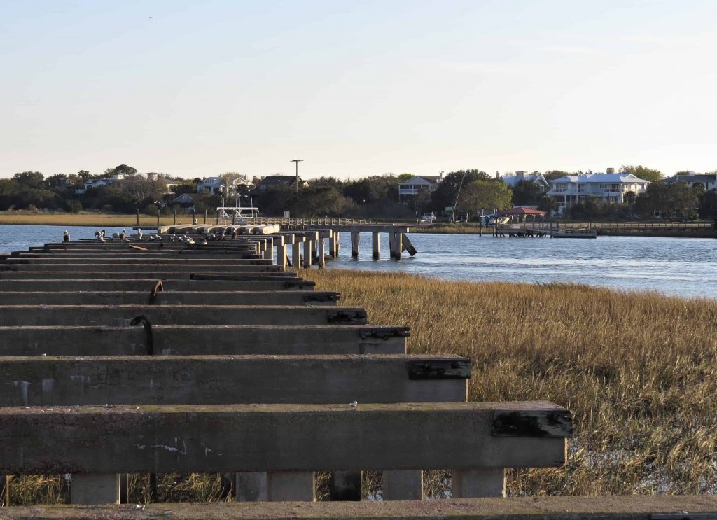 The remaining pilings and frame of the old Pitt Street Bridge.