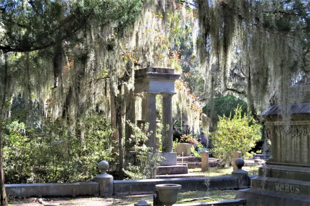 Elaborate stone structure at gravesite in Bonaventure Cemetery.