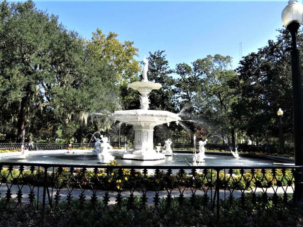 The white, French fountain in Forsyth square in Savannah.