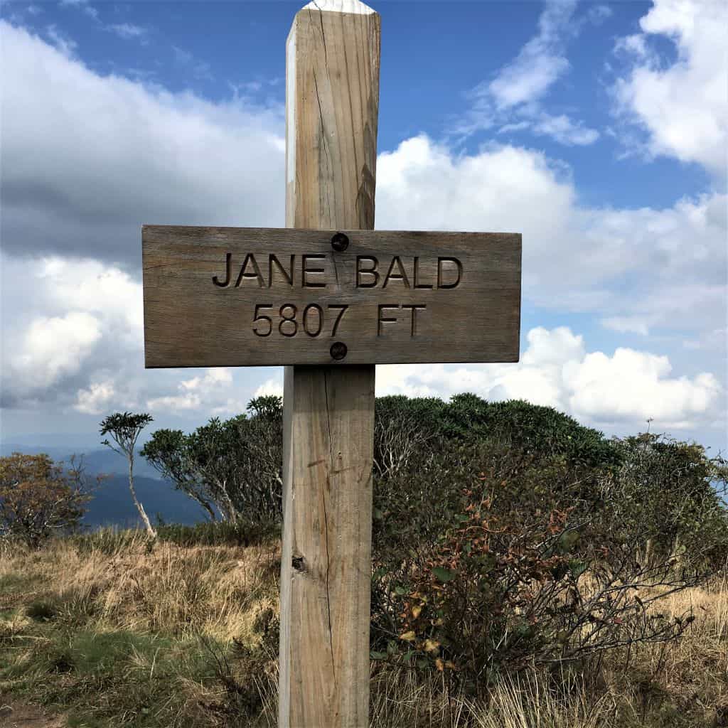 The wooden sign noting Jane's Bald and 5807 Feet.