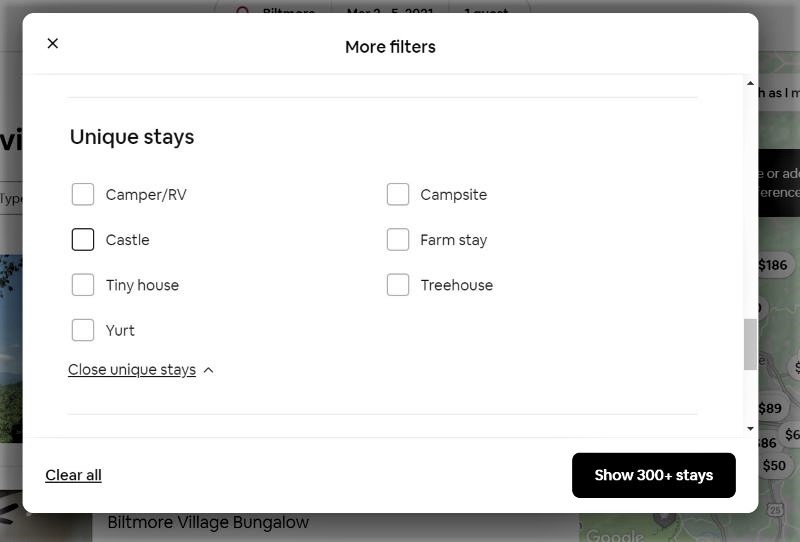 Screenshot of unique stays filter