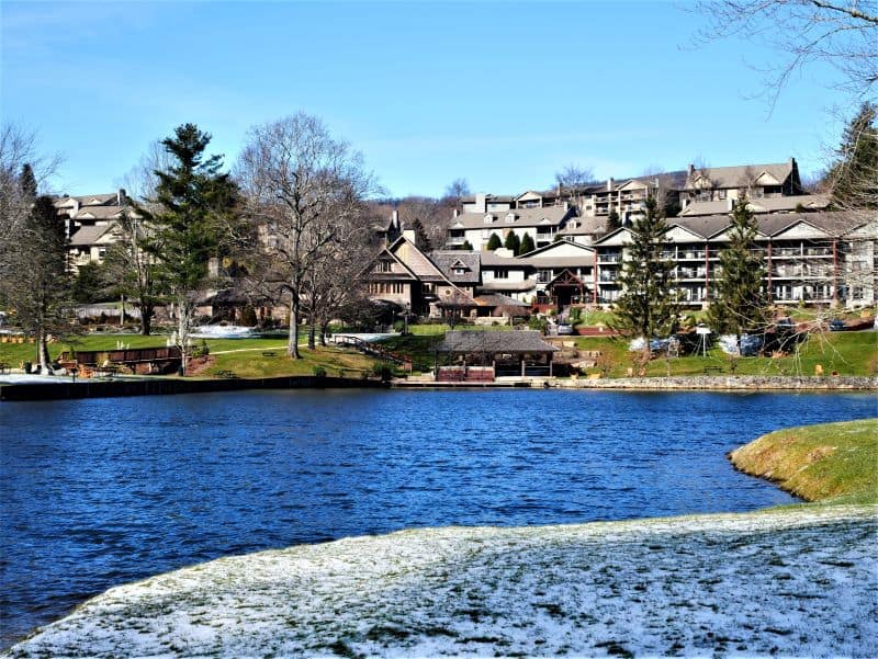 View of the expansive back of Chetola Resort from the Greenway trail across the lake.