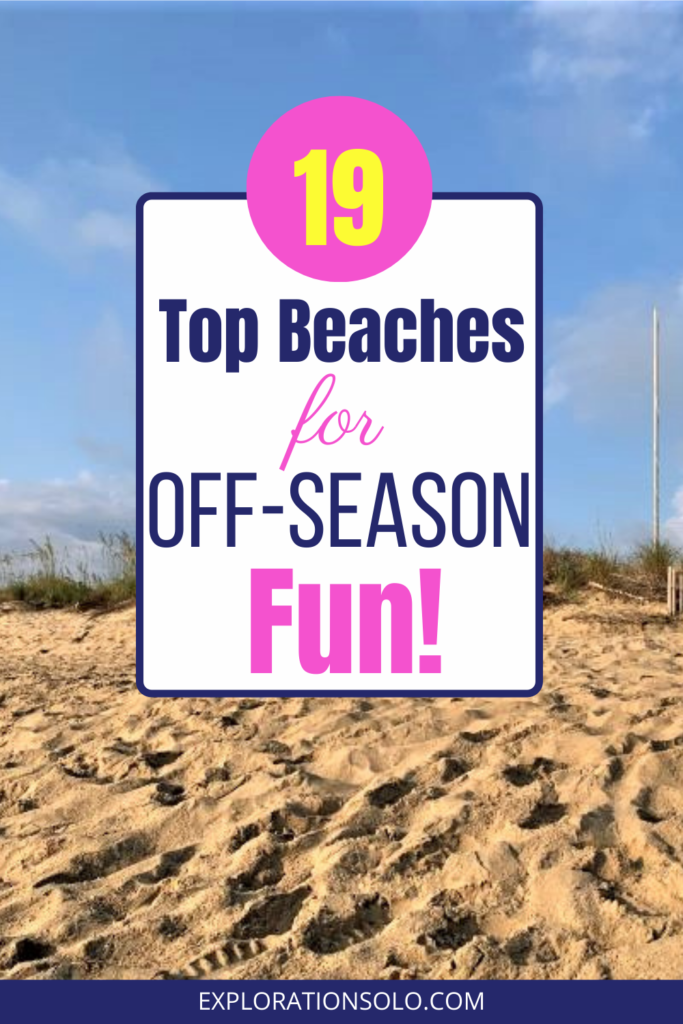 Pin for pinterest with photo of sandy beach and blue sky