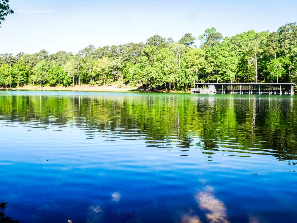 Calm lake and boat house
