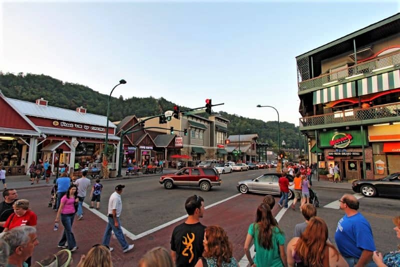 Busy downtown street in Gatlinburg, TN.