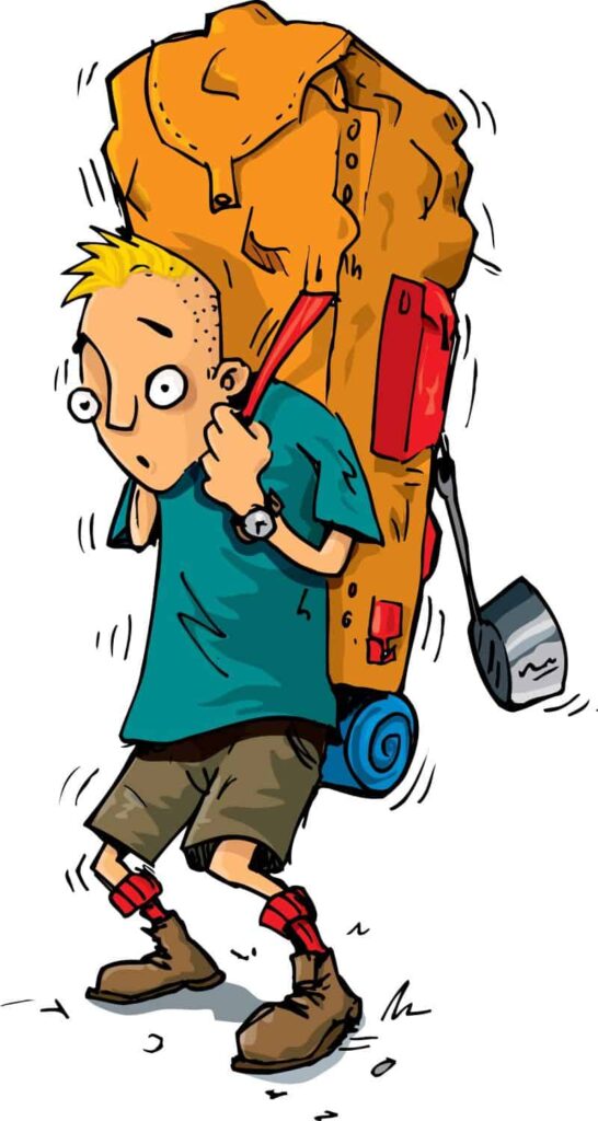 Cartoon of young boy with a heavy backpack.