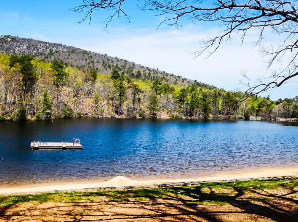 The lake at Hanging Rock with the diving platform in the middle.