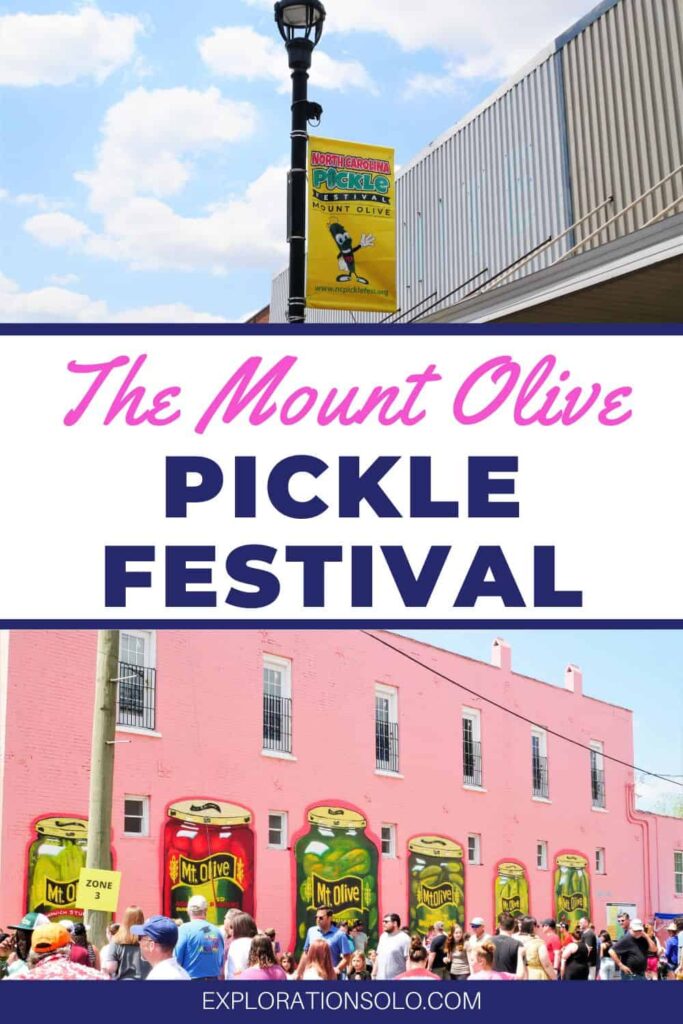 Pinterest pin with pickle festival flag and mount olive mural on pink building