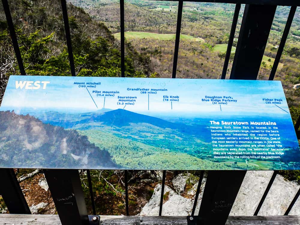 Sign on top of old fire tower showing mountains viewed to the west.