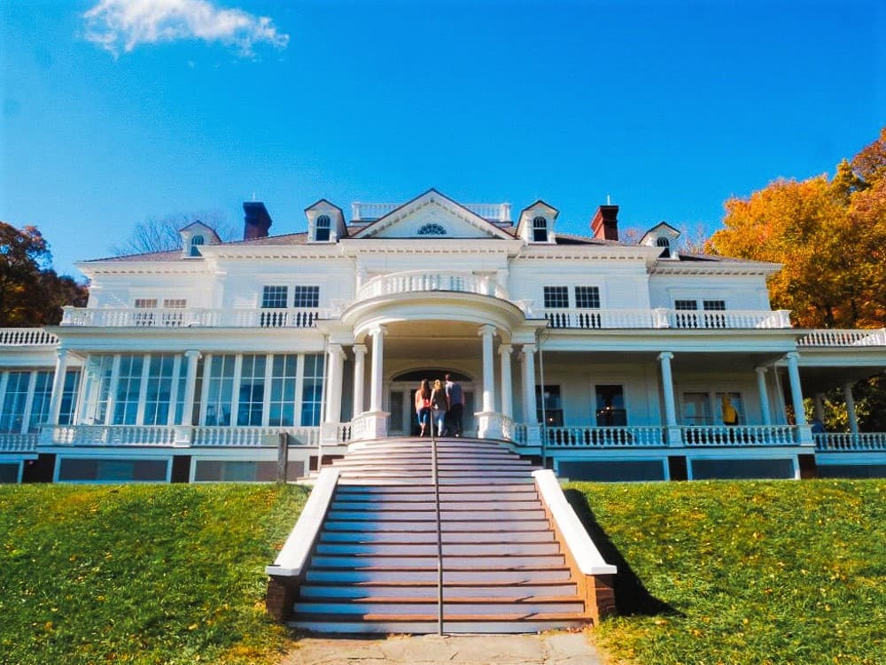 Front view of Flat Top, the white mansion now called Cone Manor at Moses Cone Memorial Park.