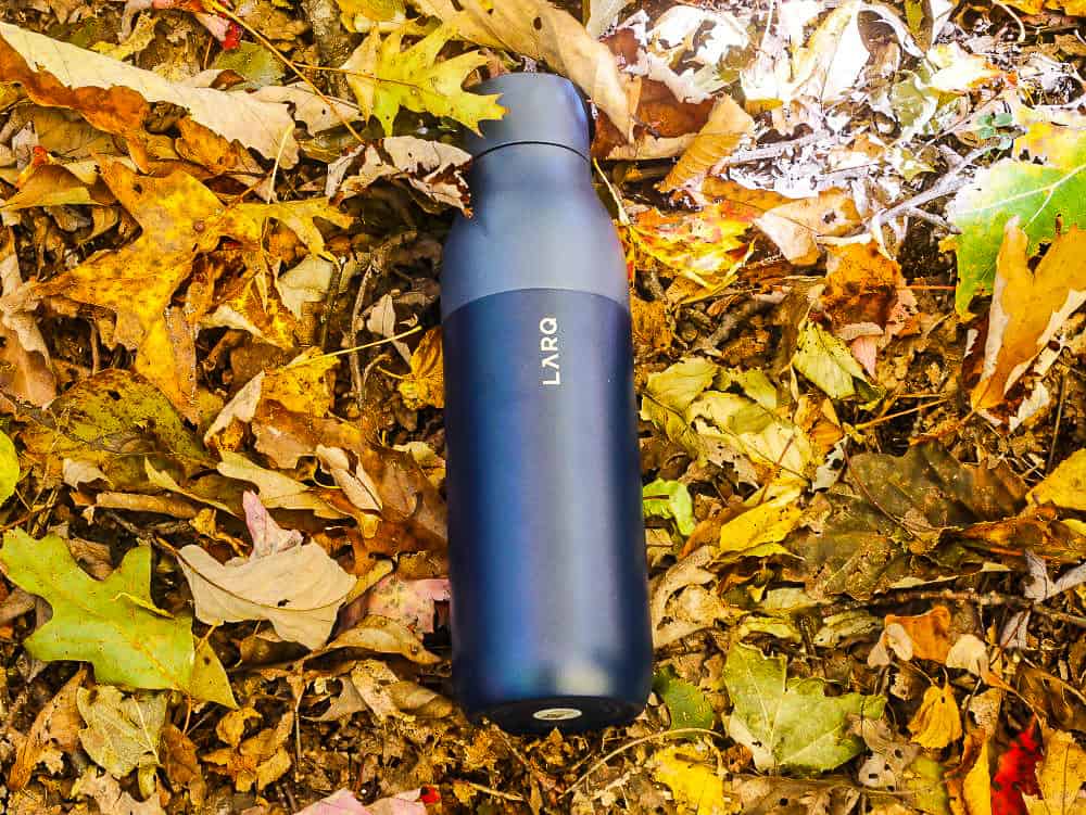 Navy blue LARQ PureVis water bottle lying in red and yellow leaves.