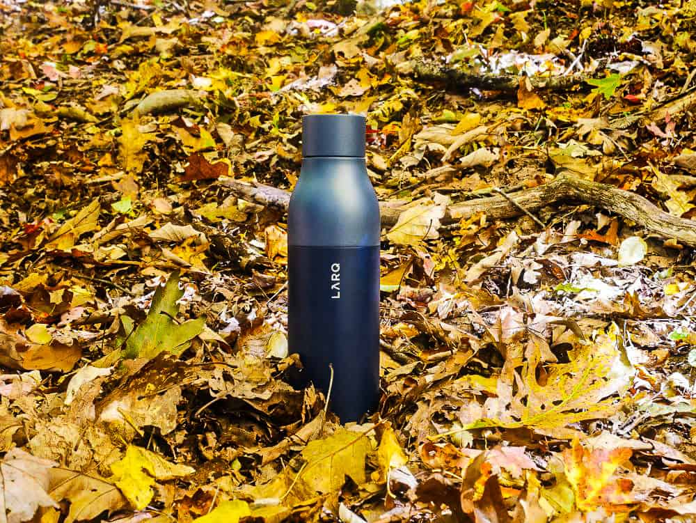 Navy blue LARQ water bottle standing on red and yellow leaves.