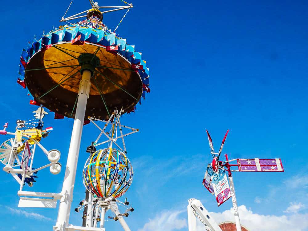 View of Vollis Simpson whirligigs from directly below looking up.