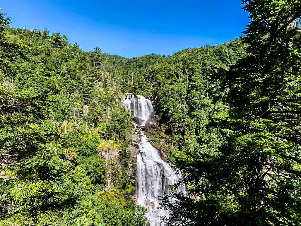 Upper and Lower whitewater falls in spring with green trees surrounding them.