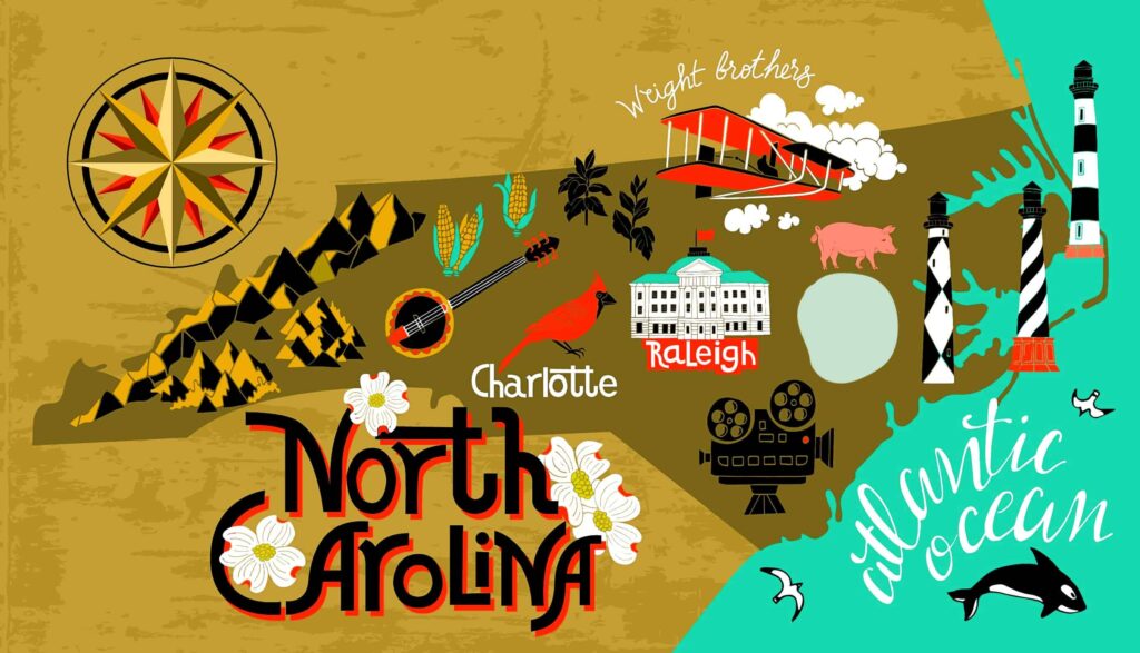 Cartoon map of North Carolina highlighting the mountains, ocean, Raleigh, and Charlotte.
