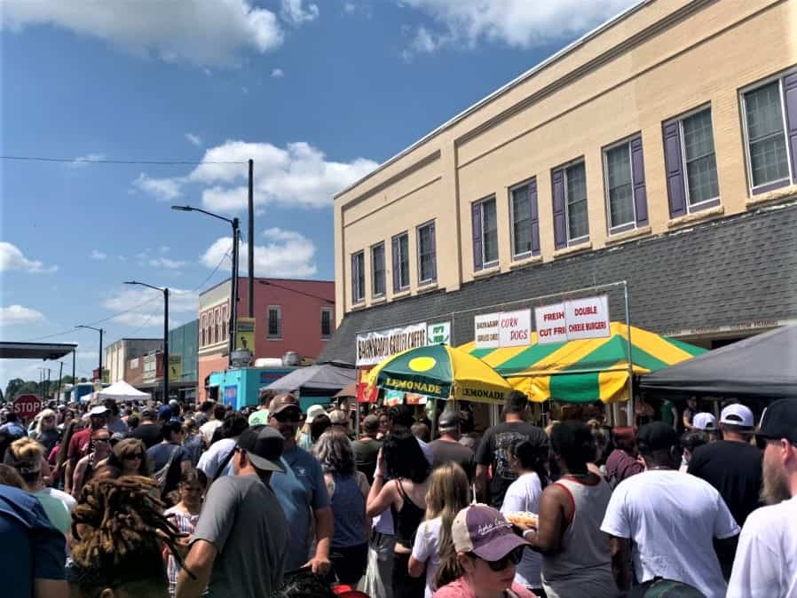 Crowd milling on downtown street lined with vendors at Whirligig Festival in Wilson, NC.