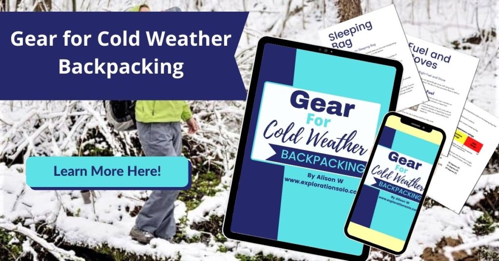 Promotion for ebook titled Geer for Cold Weather Backpacking.