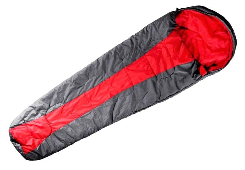Red and grey mummy sleeping bag demonstrating taper towards the bottom. 