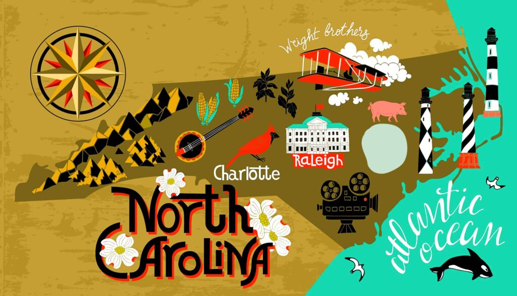 Cartoon map of North Carolina highlighting the mountains, ocean, Raleigh, and Charlotte. 