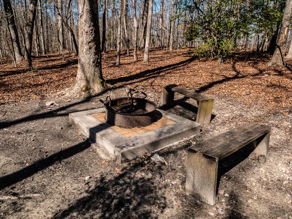 Fire ring and two wooden benches at Family Wilderness Campground site two.