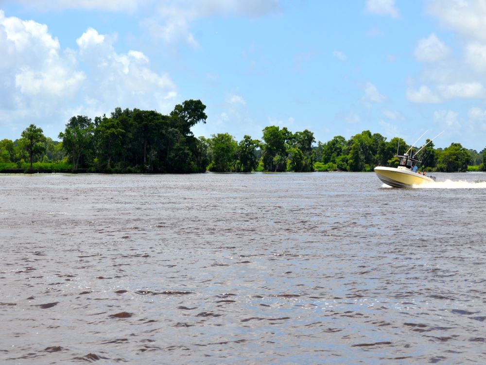 A yellow boat on Lake Waccamaw with green trees in the background.
