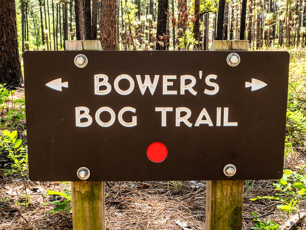 Brown trail sign with white letters noting Bower's Bog Trail with red circle blaze. 