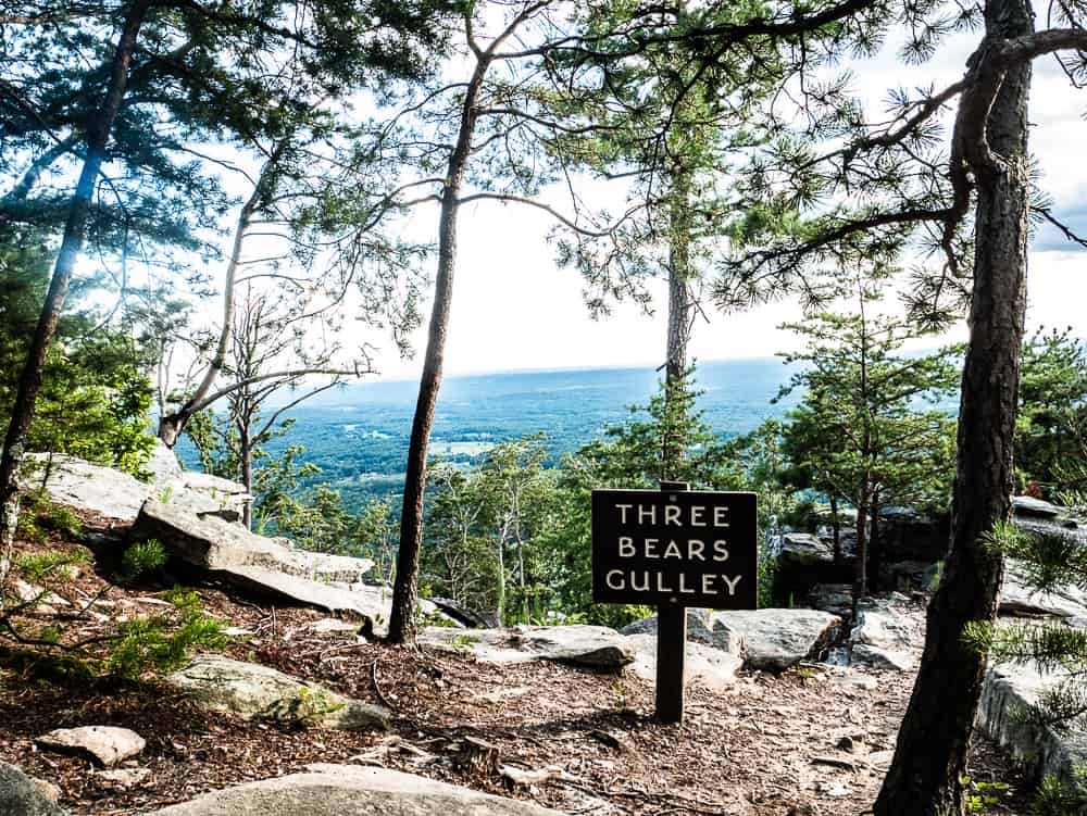 Brown sign with white letters noting Three Bears Gulley on a rocky shelf with a view of the surrounding area behind it.