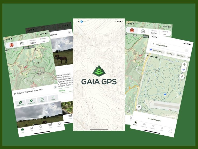 Screenshot of main Gaia screen from phone with additional photos of maps and search results from the app against a green background.