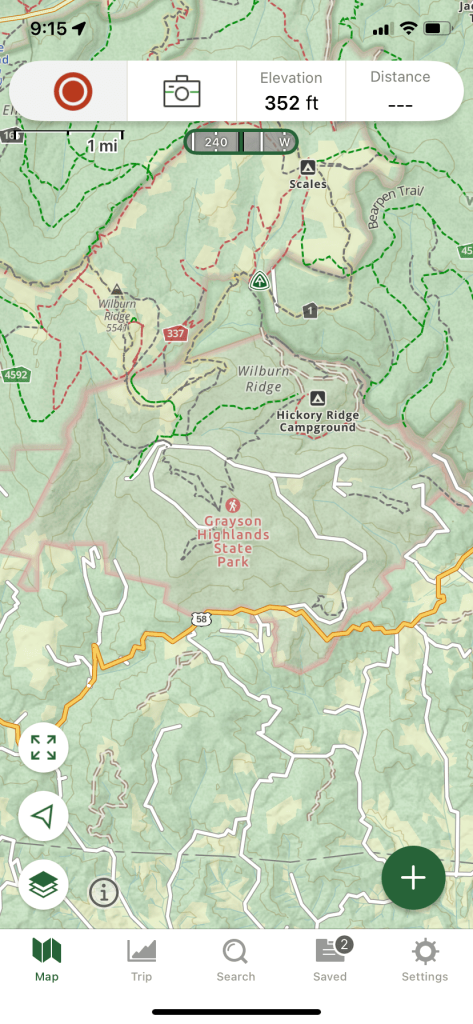 screenshot showing map of Grayson Highlands with trails in the area noting the location of the state park, Hickory Ridge Campground, Wilburn ridge. 