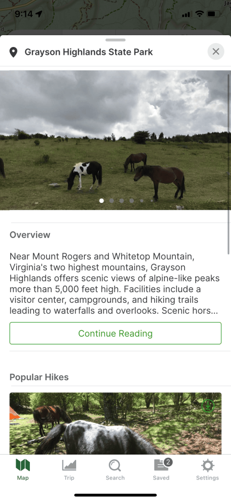 Screenshot of results from searching "Grayson Highlands" on Gaia. There is a photo of the wild ponies and a brief overview of the area.