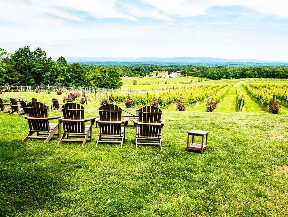 Four empty Adirondeck chairs set so  you can view the vineyard as you sit in the. The mountains in the background are blue. 